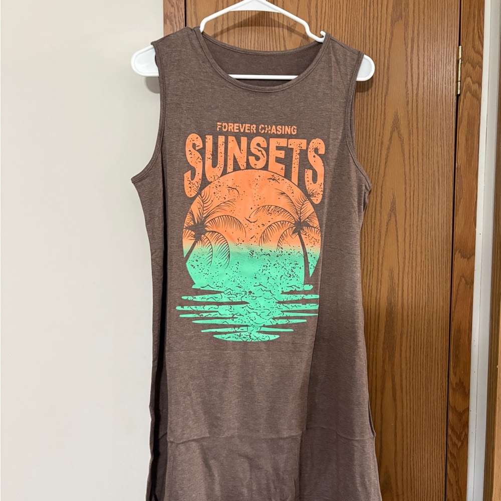 Amazon Brown Sleeveless Midi Dress with Orange and Green Print